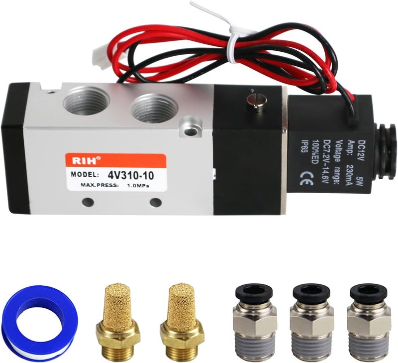 RH Pneumatics Solenoid Valve 4V310-10 12V/24V/110V Series Single Coil Pilot-Operated Electric 2 Position 5 Way Connection Type (DC12V/Out of line, 3/8"NPT) - Image 1